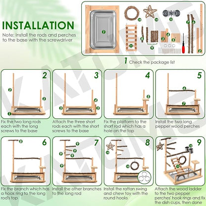 KATUMO Bird Playground - Natural Wooden Perches Parakeet Ladder Conure Swing Bird Cage Accessories with Removable Tray & 2 Stainless Steel Cups