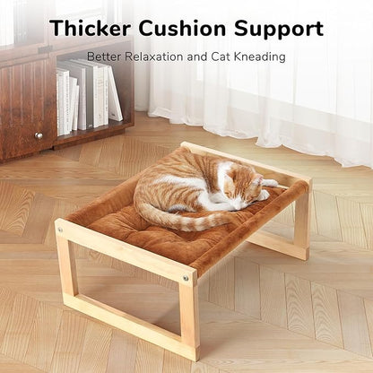 FUKUMARU Cat Bed with Removable Cover, Plush Velvet Couch for Indoor Cats, Wooden Feline Hammock, 21 x 16.5 Inch Kitten Sofa, Suitable for Kitty, Dog, Bunny and Small Animal, Brown