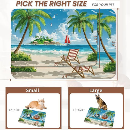 Tropical Beach Dog Food Mat for Floors,Hawaii Palm Tree Absorbent Quick-Dry Pet Feeding Mat,Cat Dog Bowl Mats for Food and Water,Non-Slip Pet Accessories Supplies 16"x24"