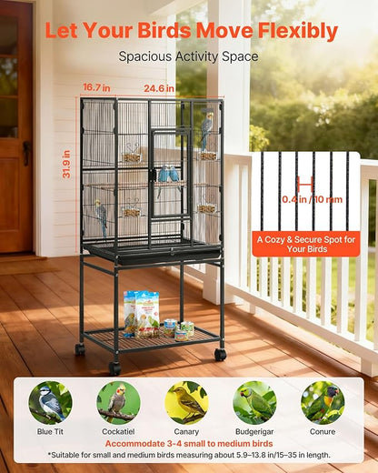 VEVOR Bird Cage, 24.6 x 16.7 x 53.9 inch, Flat Top, Wrought Iron Bird Flight Cage with Perches, Slide-Out Tray and Plastic Feeders, Casters, for Parrot, Blue Tit, Cockatiel, Canary, Budgerigar, Conure