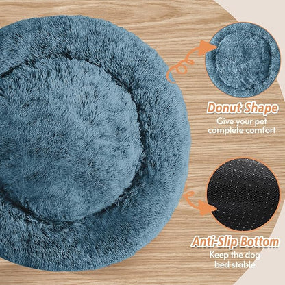 JOLLYVOGUE Calming Dog Bed Medium Size Dog, Anti-Anxiety Donut Medium Pet Bed, 31 inches Fluffy Faux Fur Round Cat Bed, Fits up to 45 lbs Pets (Blue)