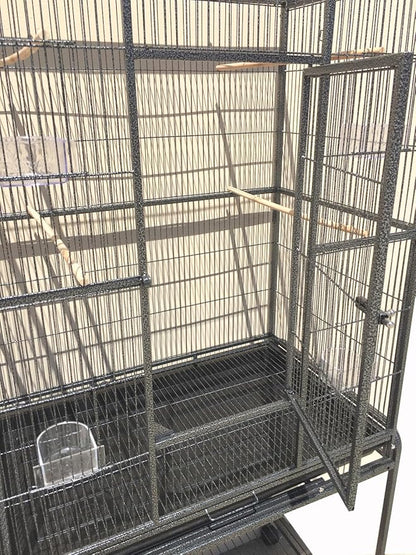 64" Extra Large Tight 1/2-Inch Bar Spacing Wrought Iron Flight Canary Parakeet Cockatiel Lovebird Finch Home Cage Side Nesting Box Doors with Removable Rolling Stand