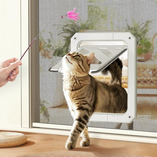 LIBBEPET Cat Door for Screen Door, Lockable Cat Screen Door for Cats & Small Dogs Up to 20 lbs, Magnetic Flap Opening 7 x 9 inches, Equipped with Interactive Cat Toy & Installation Tools, White