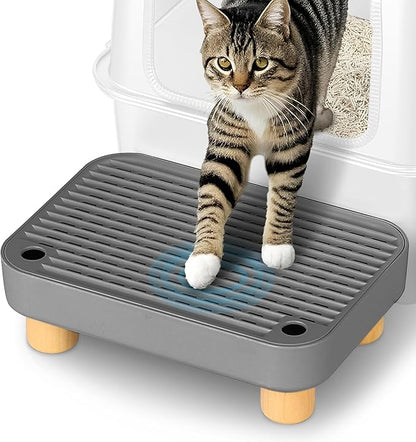 Litter Box Step, Litter Box Ramp/Catcher with Wooden Base, Anti-Tracking & Easy to Clean, Ideal for Small & Elderly Cats (Dark Gray)