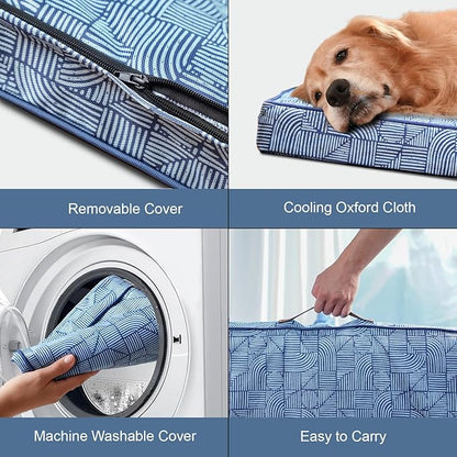 Outdoor Extra Large Dog Crate Bed, XXL Waterproof Dog Bed for Giant Breeds Dogs, 47x29 Inch Orthopedic Egg Crate Foam Pet Mat with Removable Cooling Cover, White Blue