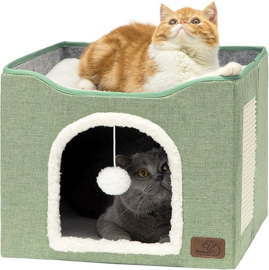 Bedsure Cat Beds for Indoor Cats - Large Cat Cave for Pet Cat House with Fluffy Ball Hanging and Scratch Pad, Foldable Cat Hideaway, 16.5x16.5x13 inches, Green