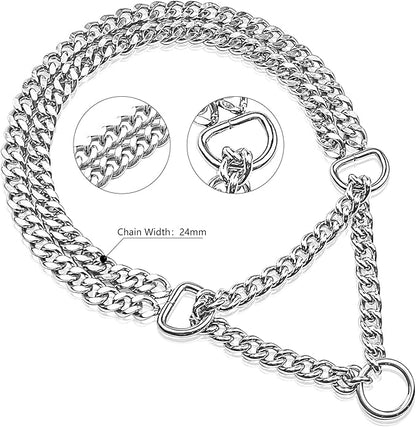 Silver Dog Chain Collar - Stainless Steel, Adjustable Walking, Metal Cuban Link Collar - Chew Proof, Double Row Chain for Large, Small, Medium Dogs