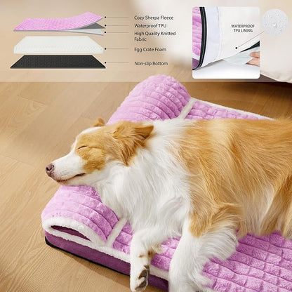 Orthopedic Dog Bed Medium Size Dog with Pillow 30''X20'', Waterproof Soft Comfortable Egg Crate Foam Pet Crate Beds Mat with Removable Washable Cover and Non-Slip Bottom, Lilac
