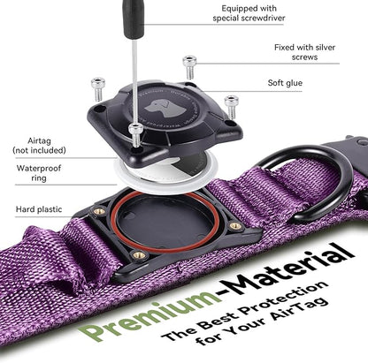 2025 Upgrade Waterproof AirTag Dog Collar, Military Tactical Dog Collar with AirTag Holder, Comfortable Control Handle and Metal Buckle, GPS Dog Collar Holder for Medium to Large Dogs (Purple, M)