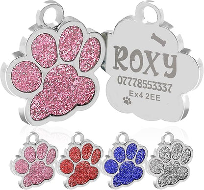 EDSG Cat Dog Tags Personalized for Pets, Dog Name Tags Cat Name ID Tag, Engraved Dog Tags Dog ID Tags Small Glitter Bling ID Tag Paw Print for Cat Pet Dog Puppy(Red,Design 2)
