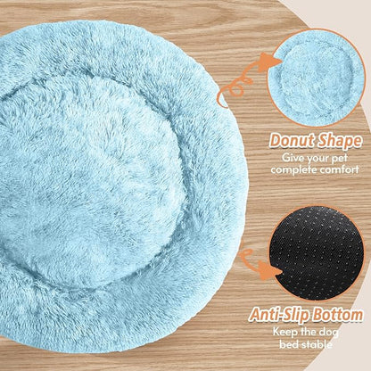 JOLLYVOGUE Calming Small Dog & Cat Bed for Indoor Cats - 20 inches Washable Donut Bed for Kittens & Puppies, Anti-Anxiety Round Fluffy Plush Pet Beds (Fits up to 15 lbs, Light Blue)