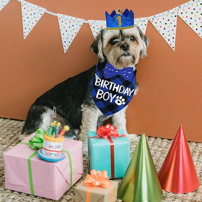 STMK Dog Birthday Party Supplies, Multi Size Dog Birthday Hat with Numbers Bandana Bow Tie for Small Dogs Pets (Blue, Small)