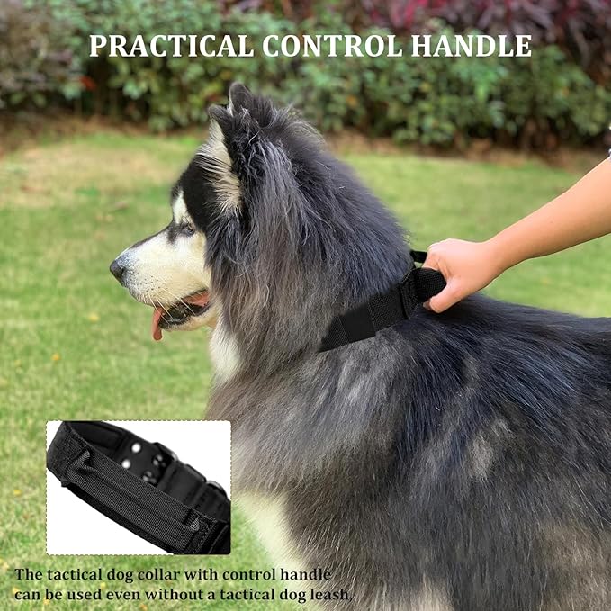 Tactical Dog Collar with Handle, Military Adjustable Heavy Duty Metal Buckle Dog Collars Soft Nylon Training Collar for Medium Large Dogs (Black, Medium)