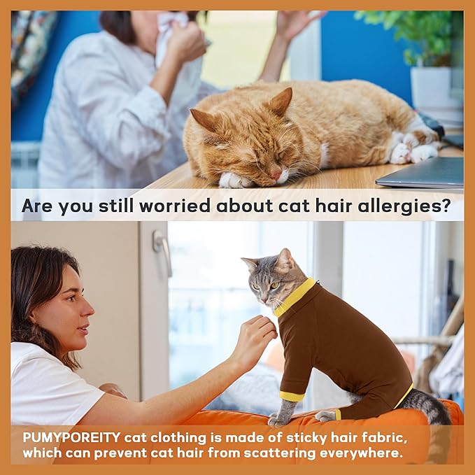 PUMYPOREITY Cat Hair Sticky Shirt – Breathable & Lightweight, Reduces Shedding Fur Pajamas, Prevents Licking Wounds After Surgery, Brown, M