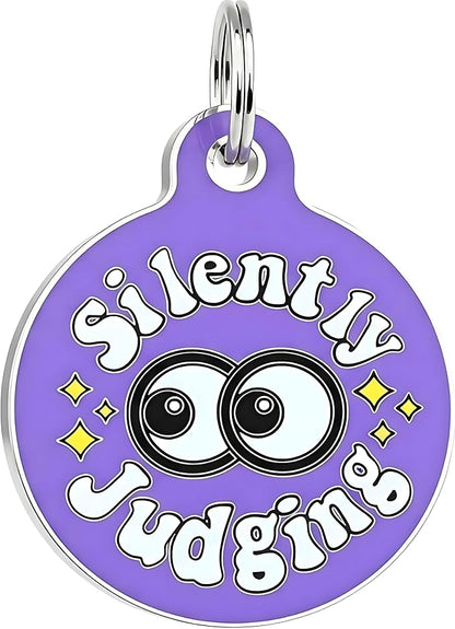 Bad Tags Personalized Dog and Cat ID Tags in 25+ Designs and 2 Sizes - 5 Lines of Custom Engraved Text - Funny Cute Personalized Pet Tags (Silently Judging - Purple, Large (1.25 inch))