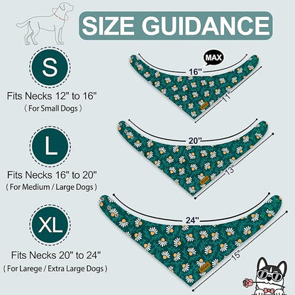 Spring Dog Bandanas with Snap Button, 2 Pack Floral Dog Scarf for Boy & Girl, Premium Durable Fabric, Adjustable Fit, Unique Shape, Gift for Dogs, Daisy Bandana for Small Dogs (Small)