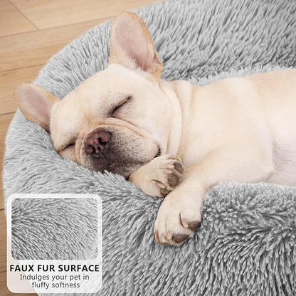 MIXJOY Calming Cat Beds for Indoor Cats, 20'' Kitten Donut Bed for Pet Up to 15lbs, Fluffy Small Cat Cuddler Bed, Anti-Anxiety Plush Faux Fur Large Cat Bed Washable (20'', Grey)