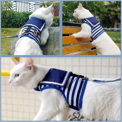 Cat Harness and Leash for Walking Escape Proof, Adjustable Cat Vest Harness, Padded Stylish Cat Walking Jackets, Sailor Suit Navy, Extra Large