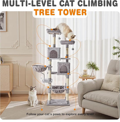 Sweetcrispy 71 inch Cat Tree Tower, Large Multi Level Cat Climbing Tower with Condo, Natural Sisal Scratching Posts, Platform, Hammock, Basket, Tall Pet Tree House for Indoor Cats Play, Light Grey