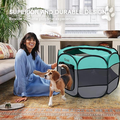 Pet Cat Playpen for Indoor Cats Enclosed, Puppy Dog Play Pen for Outdoor Travel Camping (Medium Size, Green & Dark Grey)