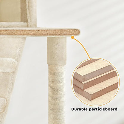 Yaheetech Cat Tree, 54in Tall Cat Tower for Indoor Cats with Extended Platform & Basket, Spacious Cat Condo, Funny Hammock, Scratching Posts and Ladder, Beige
