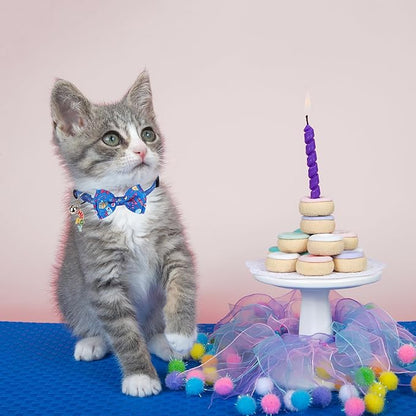 ADOGGYGO Birthday Cat Collars with Bow Bell, Breakaway White Blue Happy Birthday Bowtie Collars for Cats Kittens