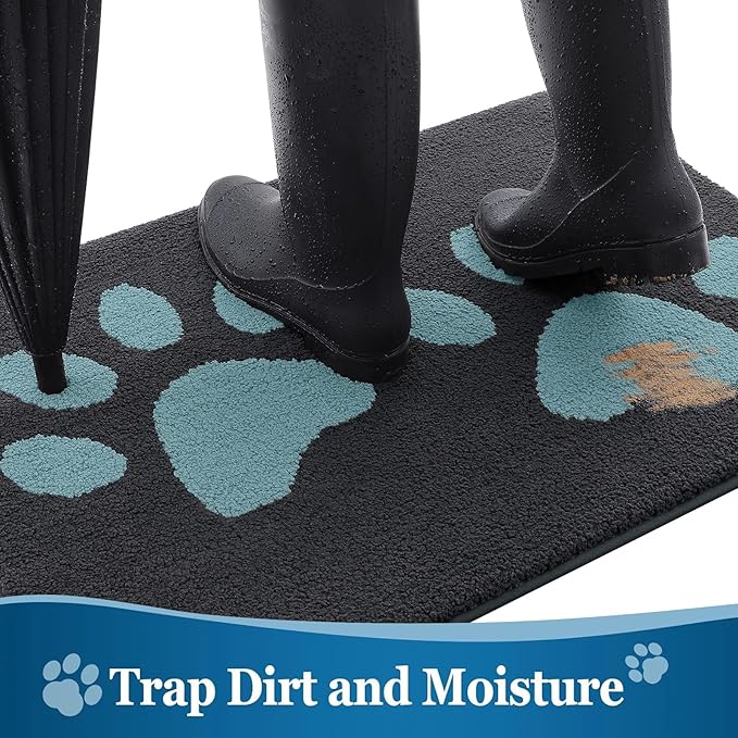 Buganda Dog Door Mat for Muddy Paws, Absorbent Dirt Trapper Washable Indoor Doormats, Non Slip Low-Profile Mud Mat for Dogs, Front Entrance Doormat for Inside Floor (36x24 Inches, Dark Grey and Blue)