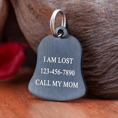 Ultra Joys Cat ID Tag Personalized Pet Tags, Durable Stainless Steel Small Pet Mini Dog Cat Tag Lightweight - Bell Tag in Black