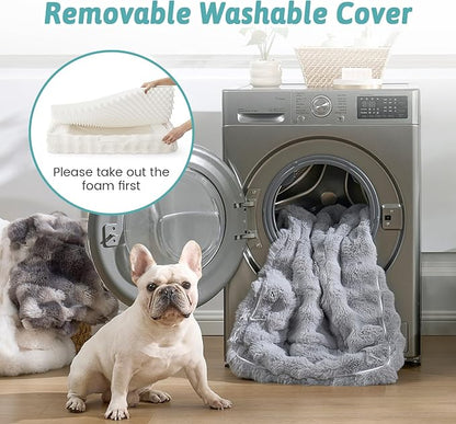 Orthopedic Dog Bed for Large Medium Size Dog, Soft and Warm Faux Fur Sofa for Pet Up to 75 lbs, Foam Bolster Anti-Slip Couch with Washable Removable Cover, L 36x27x6.5 inch, Beige