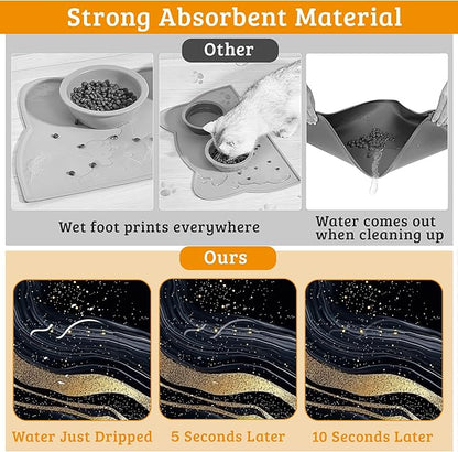 Dog Bowl Mat,Abstract Marbled Pet Feeding Mat for Floors Waterproof,Gold Black Absorbent Dogs Placemat for Food and Water Quick Dry Pet Cat Feeding Mats with Non Slip Bottom 16" x 24"