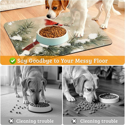 Pet Feeding Mat,Cardinal Bird Absorbent Dog Cat Food Mat Christmas Dog Mat with Rubber Backing,Non-Slip Water Bowl Placemat,Pet Supplies 16" x 24"