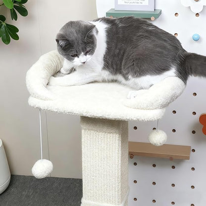34" Cat Scratching Post for Indoor Cats, Sisal Cat Scratcher with Large Plush Perch, Vertical Posts with Elevated Bed and with Two Dangling Balls, Removable & Washable Cover, Beige White