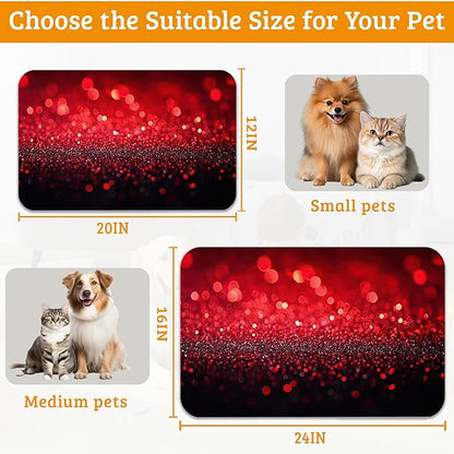 Red Gradienr Feeding Mat,Black Glitter Absorbent Quick-Dry Cat Dog Food and Water Bowl Mats,Non-Slip Rubber Backing Mat,Cat Dog Accessories Supplies 16" x 24"
