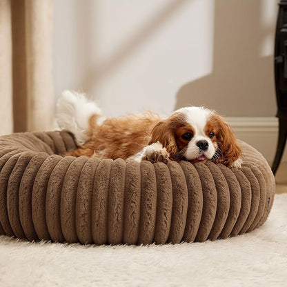 Bedsure ComfyFleece™ Donut Medium Dog Bed - Washable Faux Fur with Corduroy Fleece & Anti Slip Bottom, Round Pet Bed with Removable Cover, Camel Brown, 30x30x8 inches