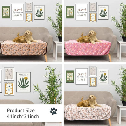 Rezutan Dog Blankets for Large Dogs, Upgraded 3 Pack Dogs Cat Blanket Washable 41" x 31", Soft Pet Throw Cover Suitable for Kennel Crate Bed, Cute Paw Pattern, White/Brown/Pink