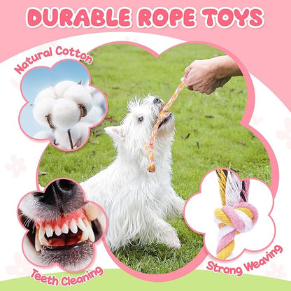 Zeaxuie Pink Puppy Toys for Teething - 9 Pack Small Dog Set With Chew, Squeaky Crinkle, Treat Ball and Interactive Rope for Puppies