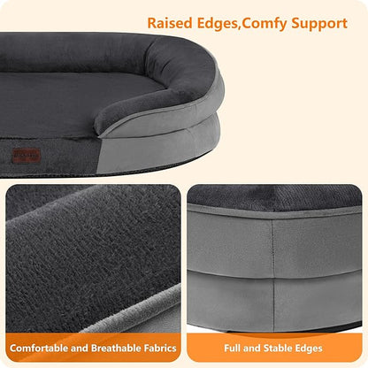Dwanton Orthopedic Dog Bed for Extra Extra Large Dogs with Gel Memory Foam, Waterproof Dog Sofa, Washable Pet Bed with Four Sided Bolster Cushion, Removable Cover & Non-Slip Bottom, 48", Dark Gray