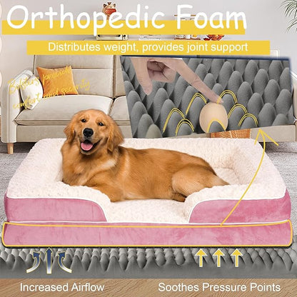 Orthopedic Dog Bed for Large Medium Sized, Washable Memory Foam Large Dog Bed, Durable Medium Pet Sofa with Removable Cover, Washable Waterproof Pet Couch Beds(Pink, XXL)