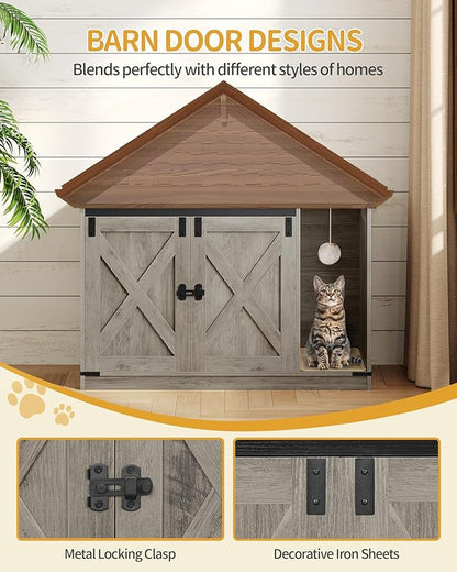Cat Litter Box Enclosure, Hidden Litter Box Cabinet Furniture with Bell, Indoor Cats House, Farmhouse Style, 39.4 x 21.7X 24.8 Inches, for Hallway, Bedroom, Greige CB85205X