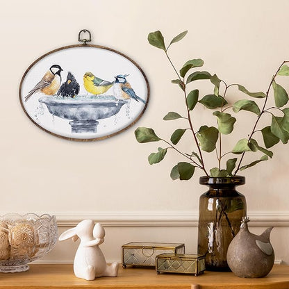DILSJ Bird Oval Wall Art Decor, Country Bird Bath Canvas Wall Art Framed, Rustic Watercolor Birds Hanging Decorations for Bathroom Washroom Restroom Toilet, 8.5x11 Inch