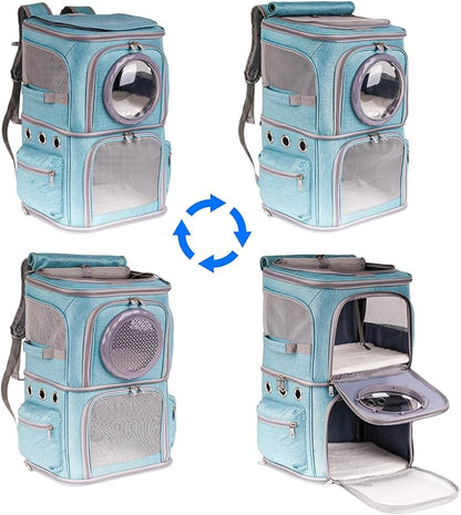 2-in-1 Pet Carrier Backpack for Two Cats or One Dog, Green Double-Layer 2 Compartment Carry Bag to Transport Small Animals Traveling and Hiking, Space Capsule Clear Bubble Dome