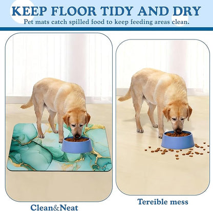 Green Marble Pet Feeding Mat for Floors–Christmas Stocking Absorbent Quick Dry Dog Cat Bowl Mat for Food and Water, Non Slip Waterproof Base, Mess-Free Feeding Accessories 12"x20"