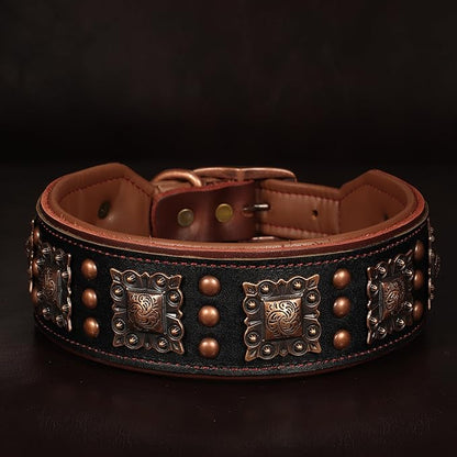 PET ARTIST Soft Padded Leather Dog Collar, 2 inch Wide Genuine Leather Dog Collars with Stylish Studded Rivet & Metal Buckle, Luxury & Adjustable Pet Collars for Medium Dogs,Black,Neck 16-19"