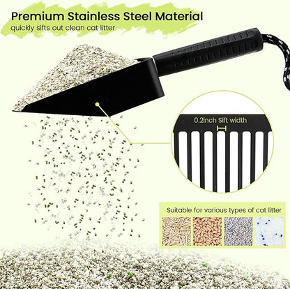 Metal Cat Litter Scooper with Holder, Stainless Steel Metal Litter Scoop Includes Portable Small Broom and Dustpan Set, Speed Sifter Cat Litter Scoop Captures All Clumps, Non-Slip Handle, Easy Clean