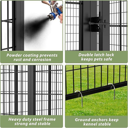 LOVMOR Outdoor Dog Kennel with Roof, Heavy Duty Steel Dog Run Enclosure for Medium Dogs, Waterproof Canopy, Double Latch Door, Adjustable Feeding Bowls, Pet Pen for Yard and Patio, 8’L x 4’W x 5.6’H