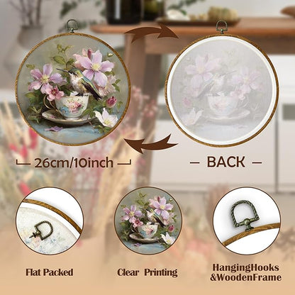 DILSJ Vintage Hummingbird Round Oval Wall Art Decor, Country Flower Bird Canvas Wall Art Framed, Watercolor Hummingbird Hanging Decorations for Home Bedroom Living Room Decor, 10x10 Inch
