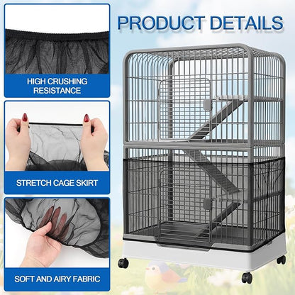 Large Bird Cage Cover, Breathable Nylon Mesh Seed Catcher with Adjustable Elastic Skirt, Black Birdcage Cover for Parrot Parakeet Cockatiel Cages (13.8x78.8-90.6 Inch)