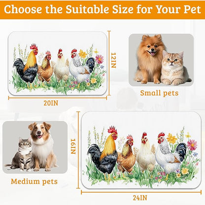Chicken Rooster Dog Cat Food Mat,Green Grass Absorbent Waterproof Placemat for Food and Water Non Slip Rubber Backing Durable Feeding Pad for Clean Floors 16" x 24"
