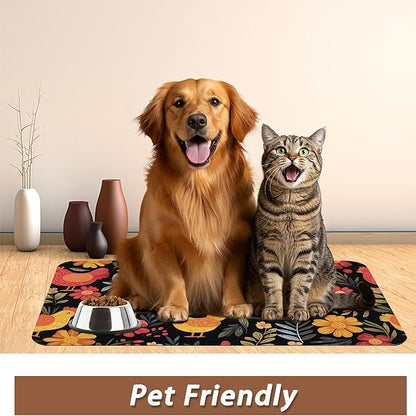 Chicken Rooster Hen Flower Meadow Dog Cat Food Mat,Absorbent Pet Feeding Mat with Rubber Backing,Non-Slip Water Bowl Placemat,Indoor Pet Accessories Supplies 16"x24"