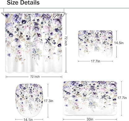 4 PCS Purple Floral Flower Shower Curtain Set 72Wx72H Inch Watercolor Pastel Complete Bathroom Set Non-Slip Bath Rug Toilet Lid Cover and U Shape Mat Accessories 12 Hooks Bathoom Decor